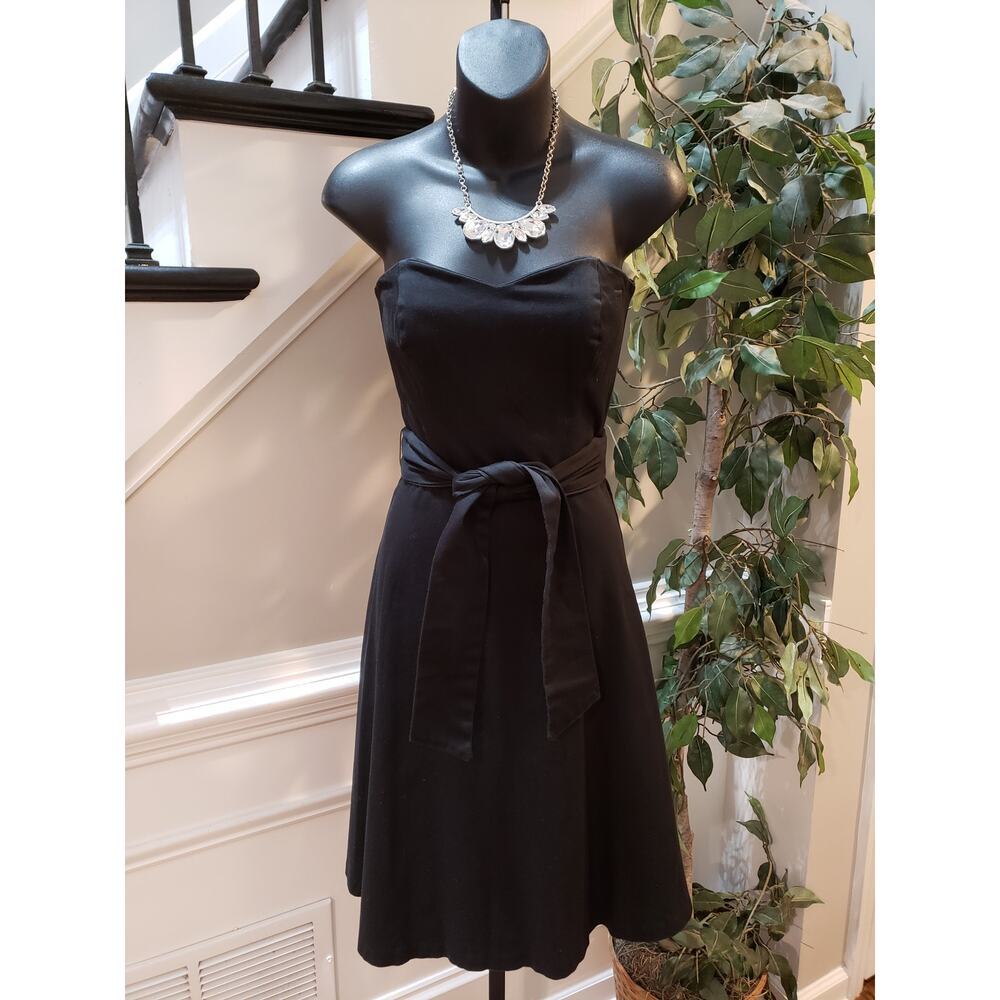 White House Black Market Dress Womens 2 Black Strapless Belted Cotton Party